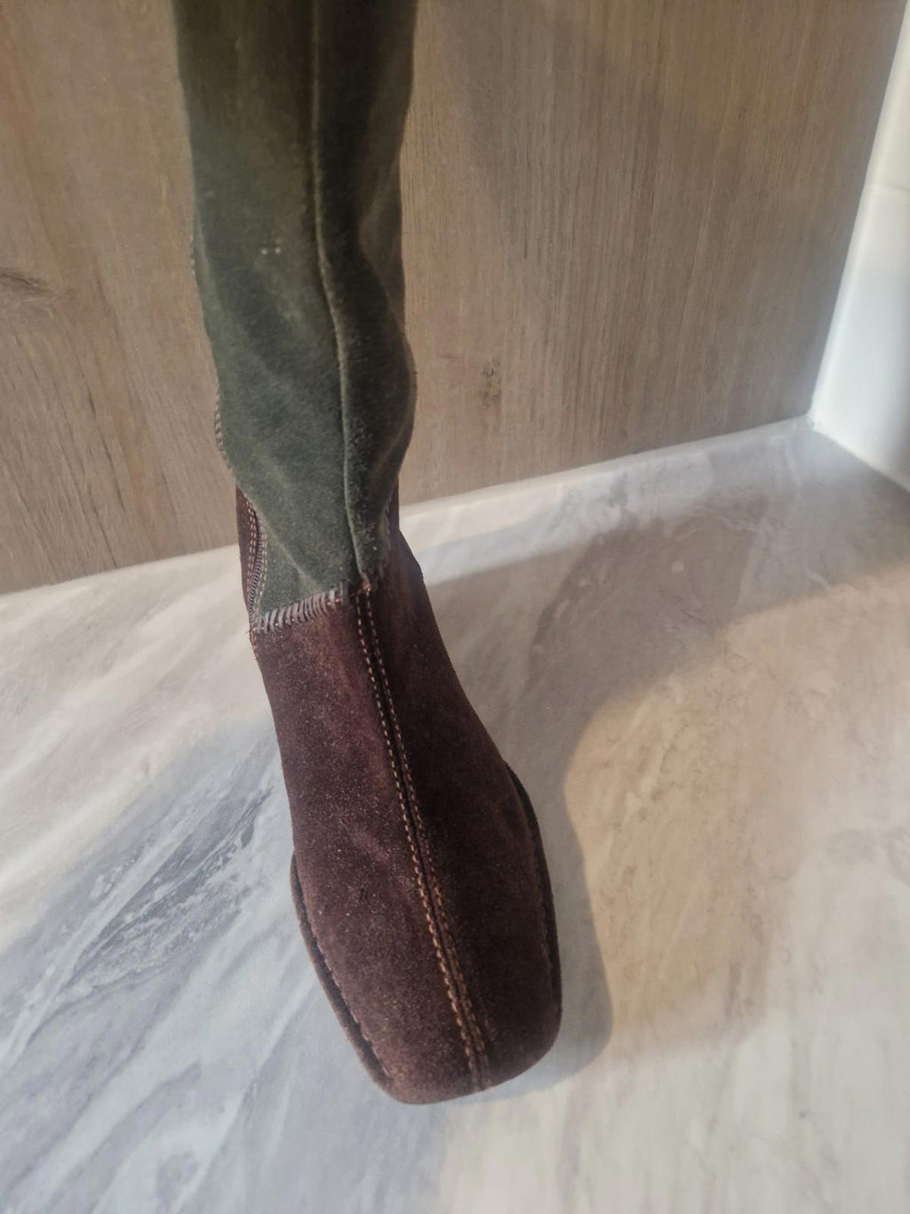 K By Clarks Ladies Suede Brown & Green Patchwork Wedge  Boots Full Side Zip Uk 5