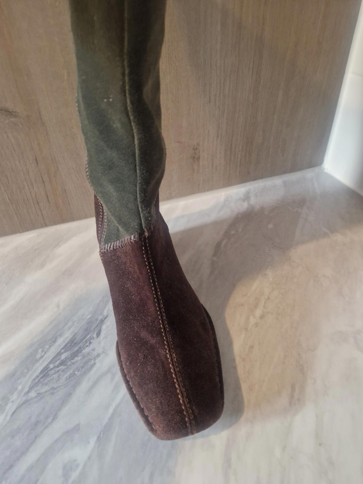 K By Clarks Ladies Suede Brown & Green Patchwork Wedge  Boots Full Side Zip Uk 5
