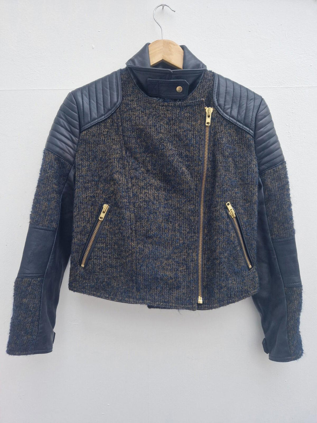 sophie hulme ladies designer jacket leather virgin wool blend size small  vgc