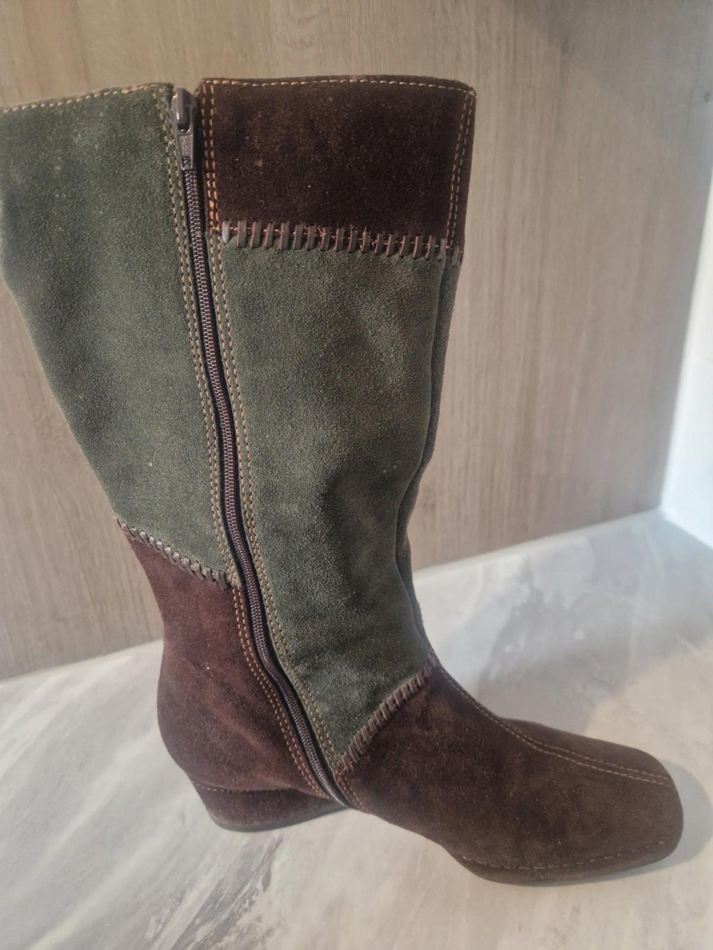 K By Clarks Ladies Suede Brown & Green Patchwork Wedge  Boots Full Side Zip Uk 5