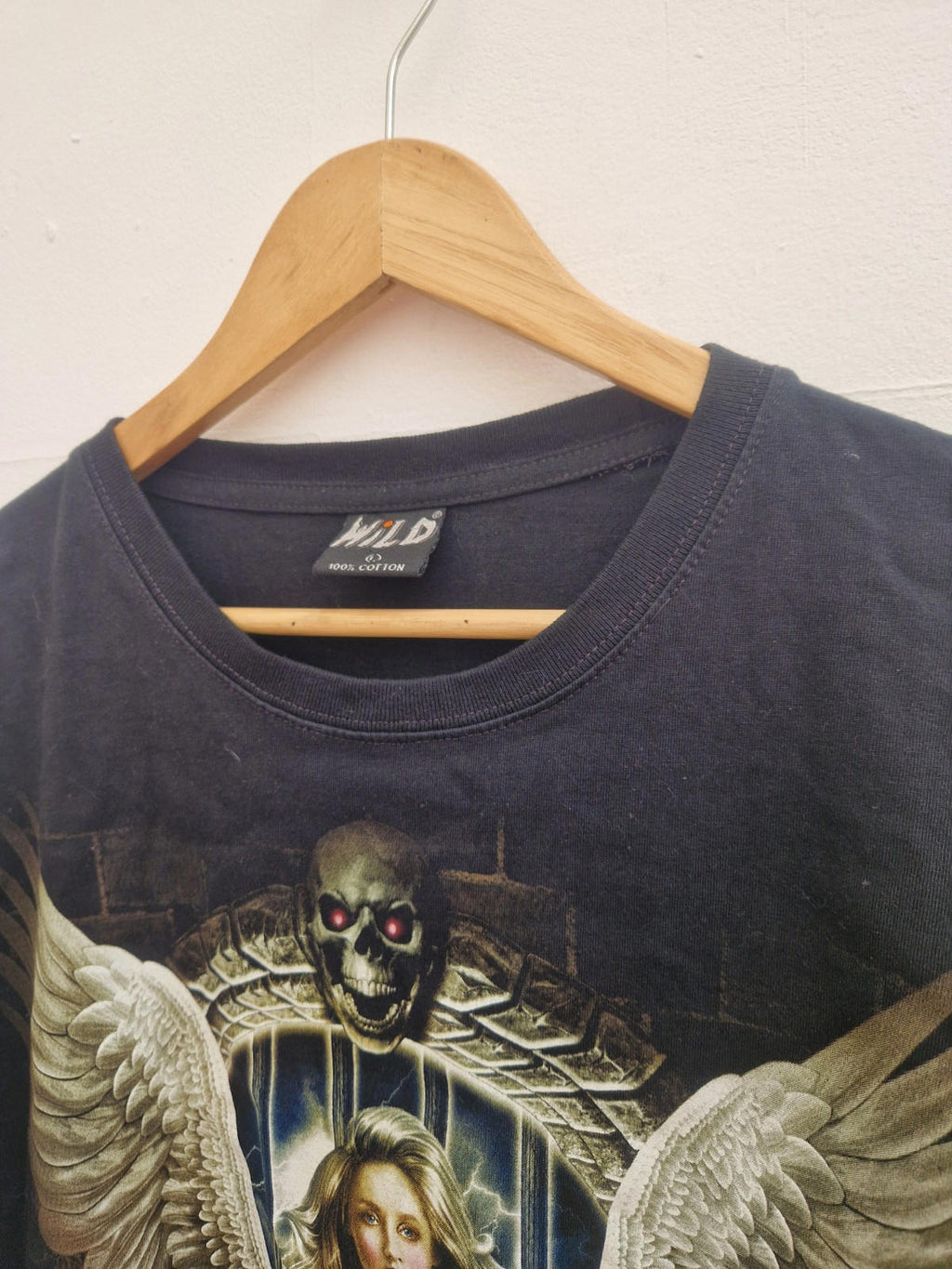 Y2k Gothic Angel Graphic Crew Neck T-shirt Uk Size L On A Wild Label 100% Cotton