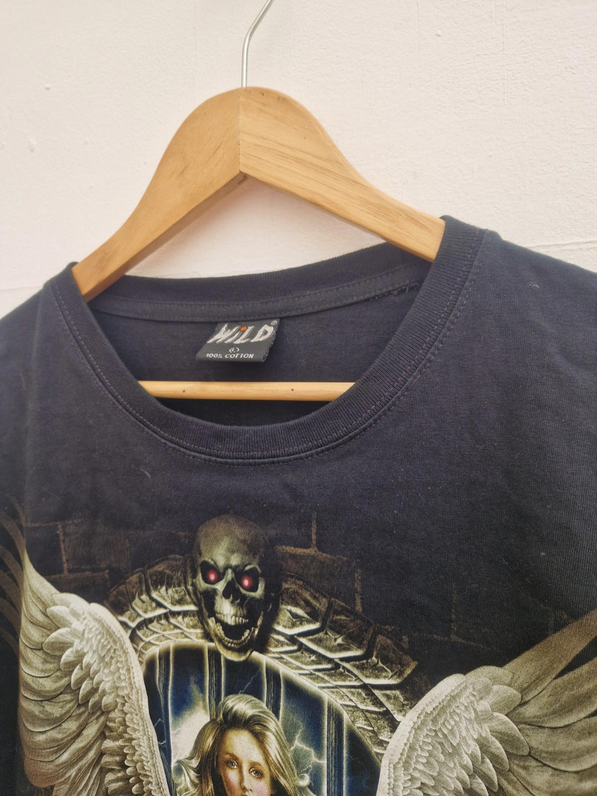 Y2k Gothic Angel Graphic Crew Neck T-shirt Uk Size L On A Wild Label 100% Cotton