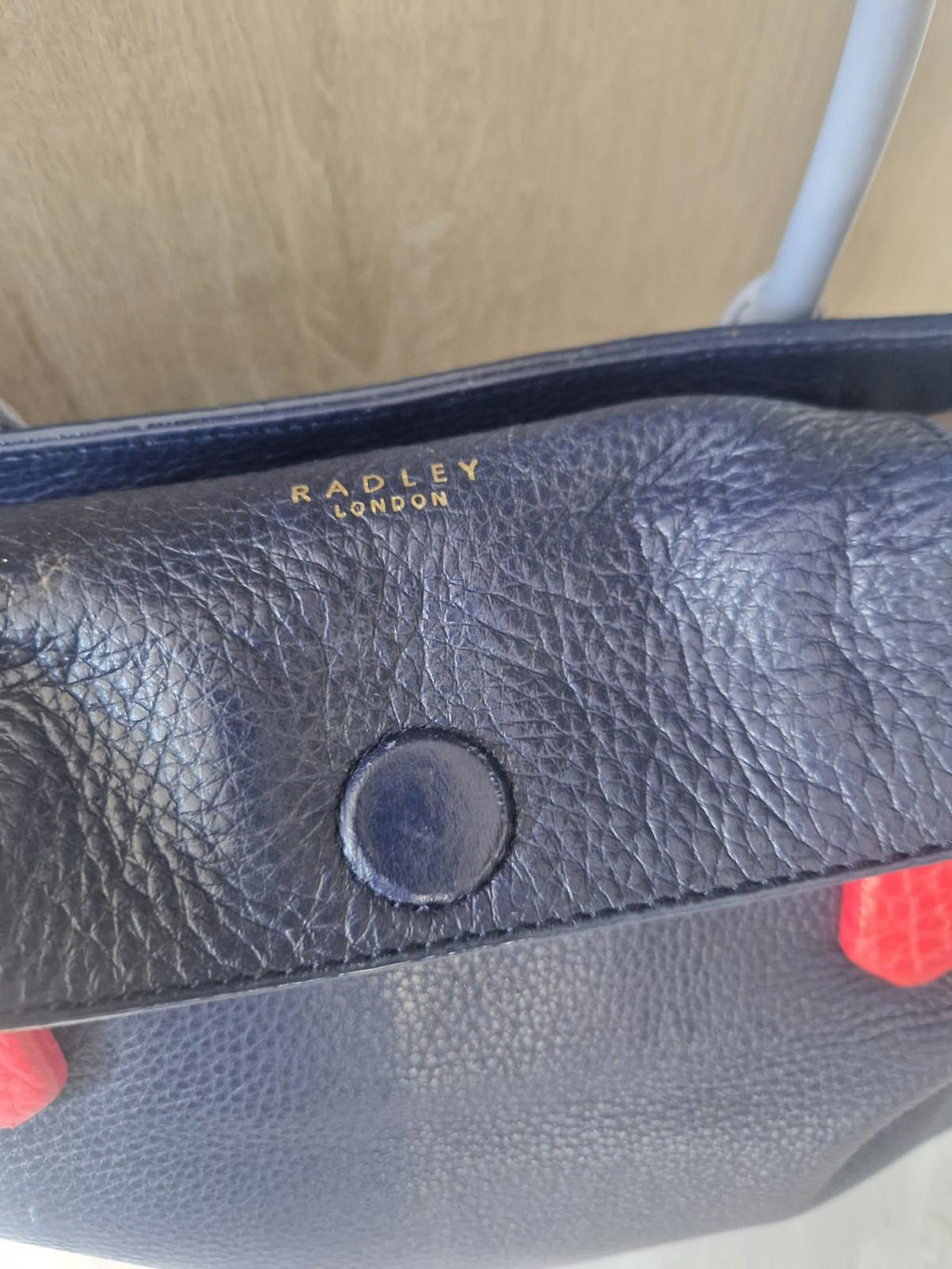 Radley Navy Leather shoulder bag with light blue handles red Leather Accents