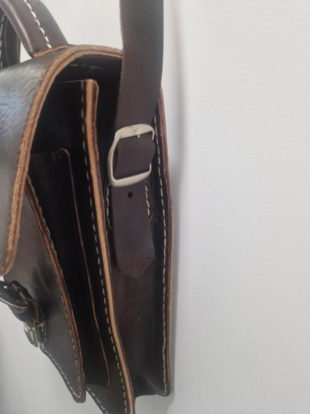 Handmade Quality Brown Leather Satchel Top Handle  Chunky Stitch Preowened Gc
