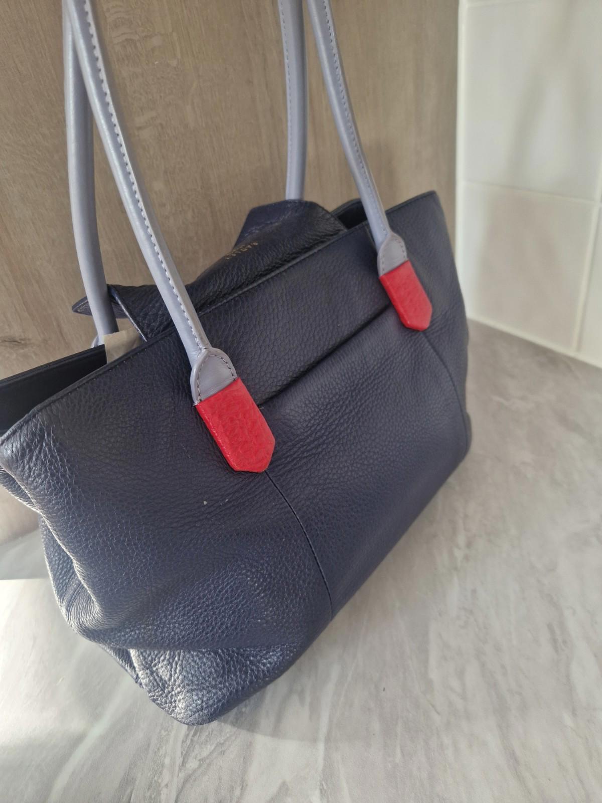 Radley Navy Leather shoulder bag with light blue handles red Leather Accents