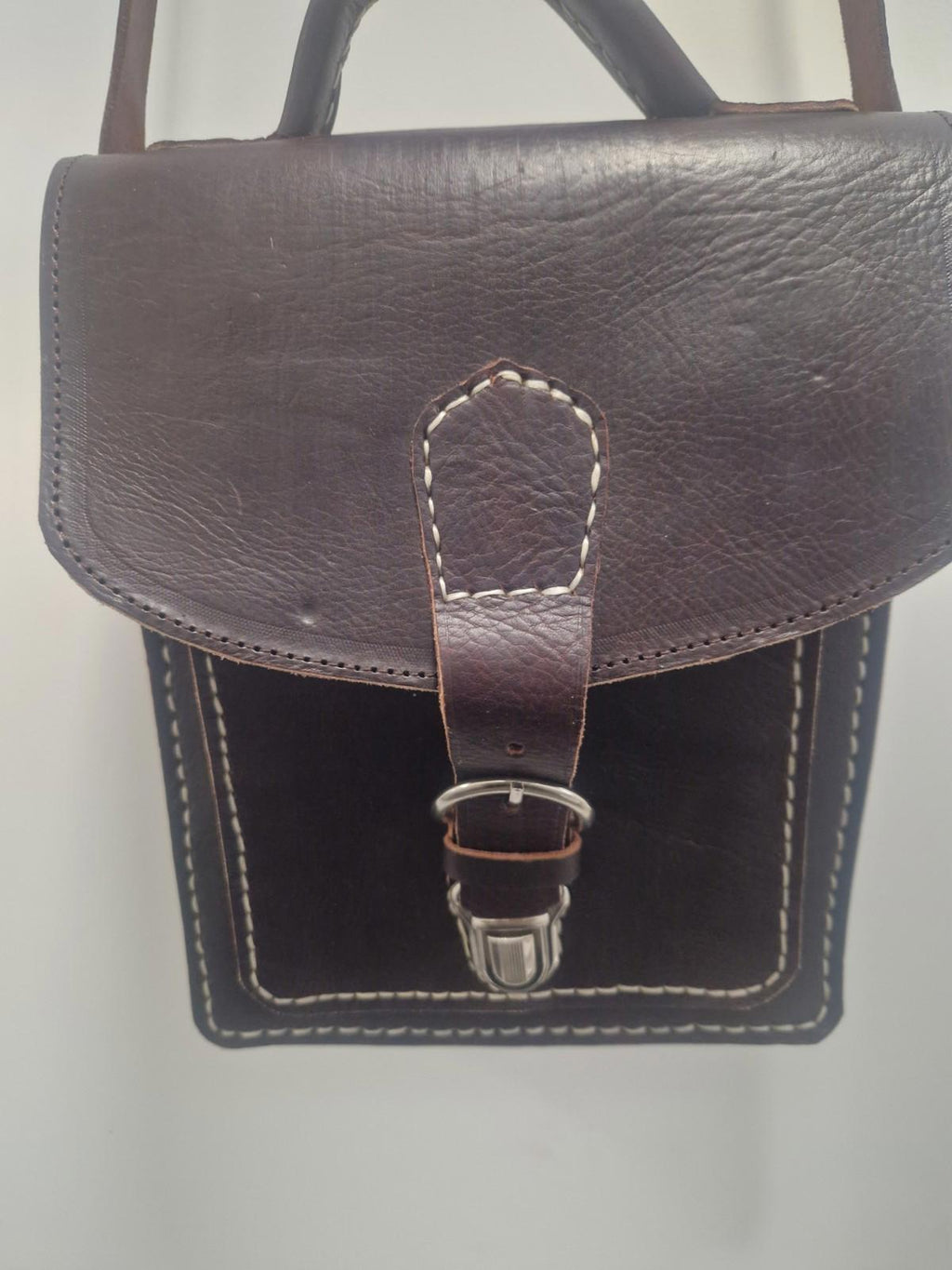 Handmade Quality Brown Leather Satchel Top Handle  Chunky Stitch Preowened Gc