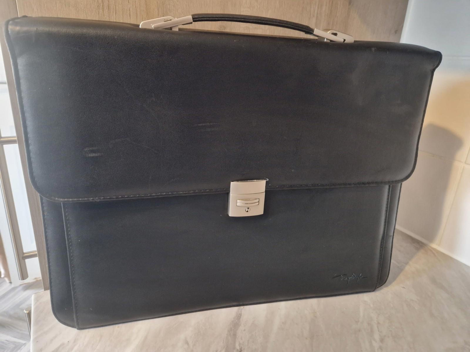 Thiery Mugler Black Vintage Faux Leather Briefcase Attache Bag 2 Keys 16 x 12"