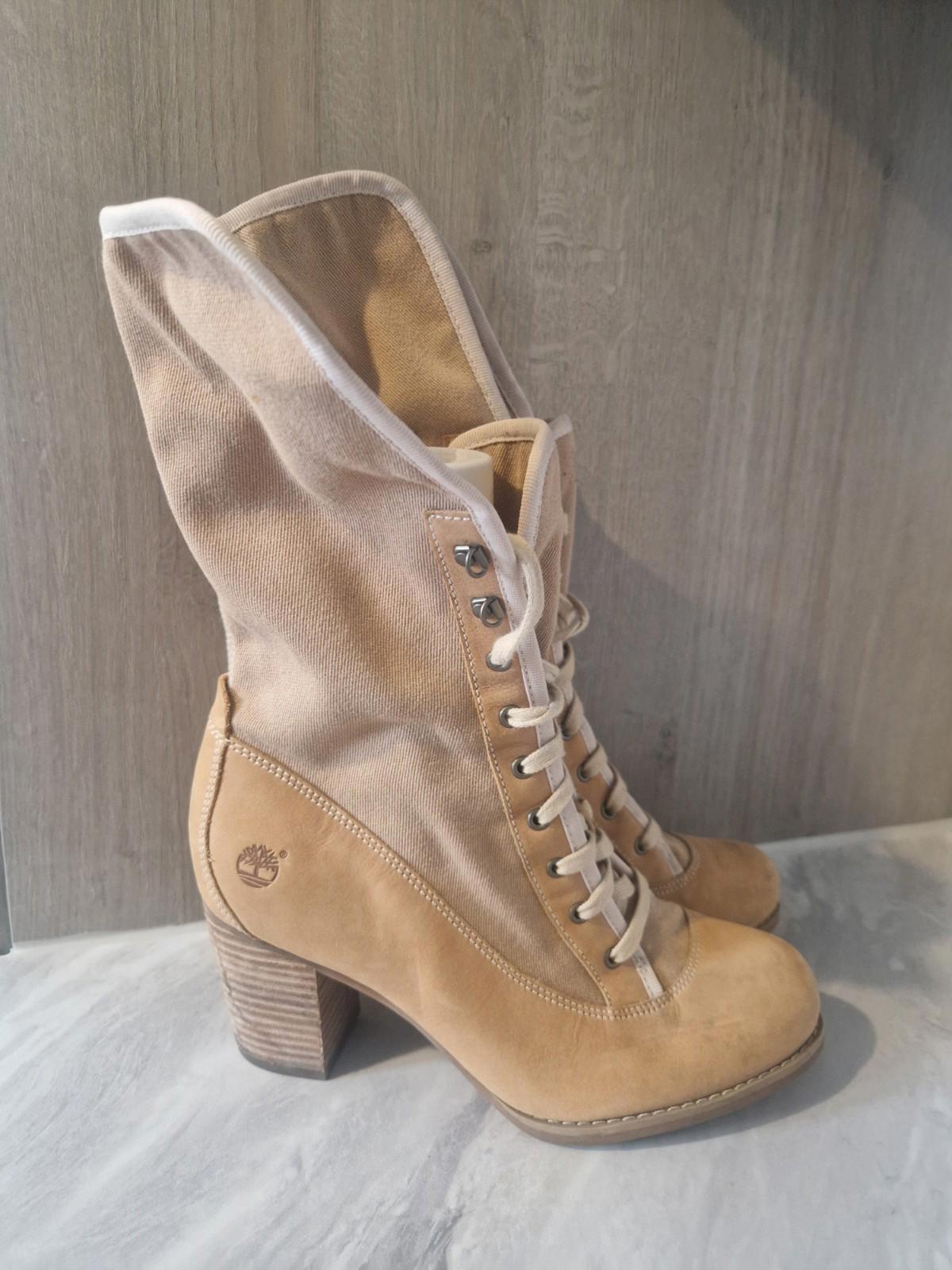 Timberland Womens Combat  Beige Canvas Knee High Boots  Block Heel Uk Size 5.5