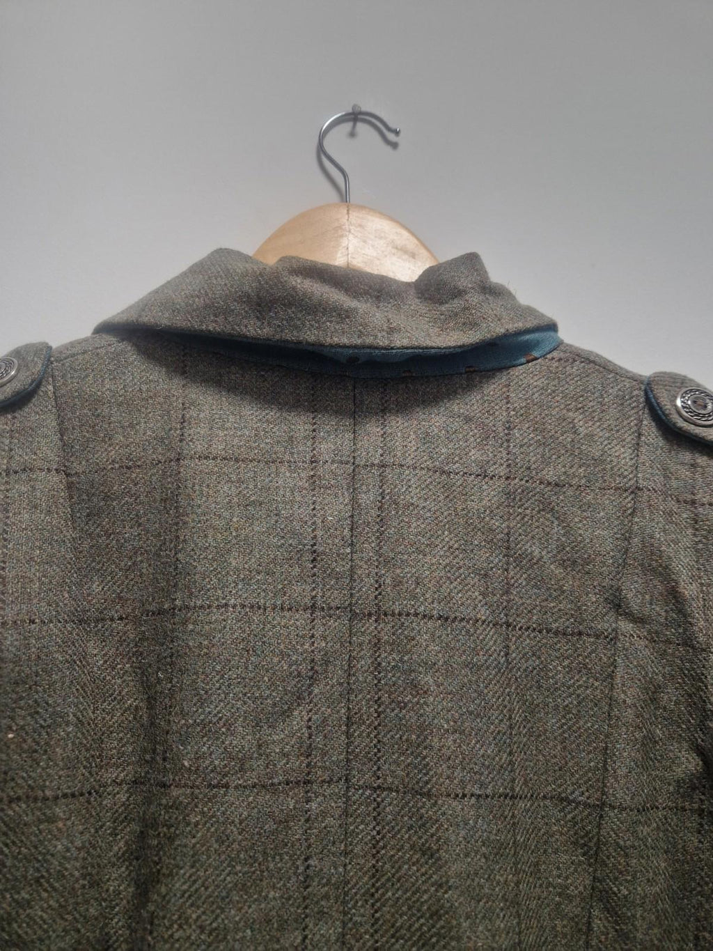 Hannah Wright Ladies Beautiful Check Tweed  Blue Trim Jacket Uk 12 Made In Wales