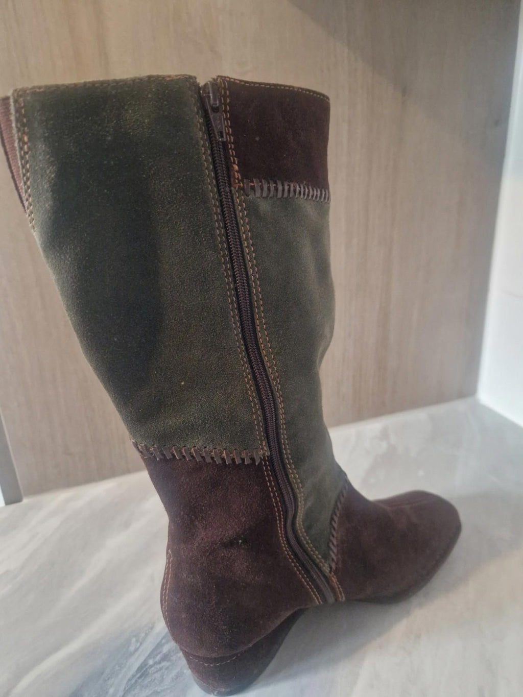 K By Clarks Ladies Suede Brown & Green Patchwork Wedge  Boots Full Side Zip Uk 5
