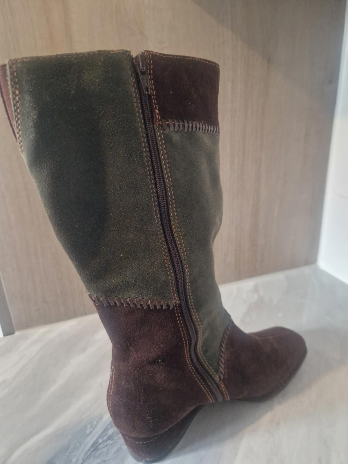 K By Clarks Ladies Suede Brown & Green Patchwork Wedge  Boots Full Side Zip Uk 5