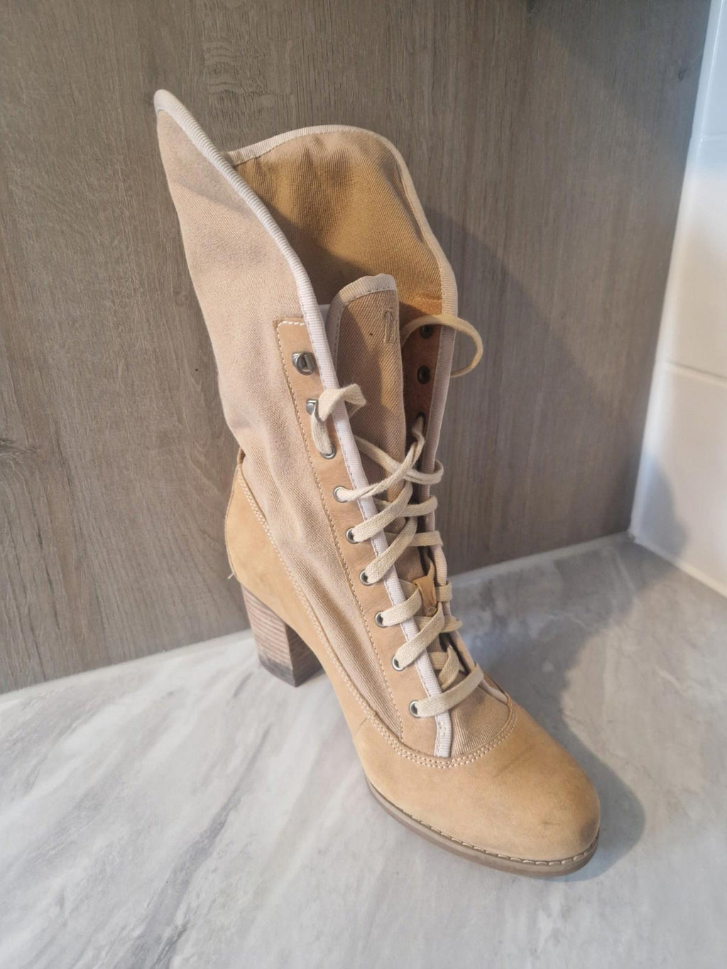 Timberland Womens Combat  Beige Canvas Knee High Boots  Block Heel Uk Size 5.5