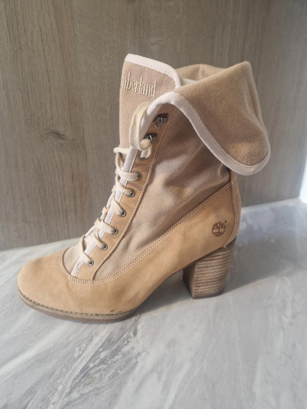 Timberland Womens Combat  Beige Canvas Knee High Boots  Block Heel Uk Size 5.5
