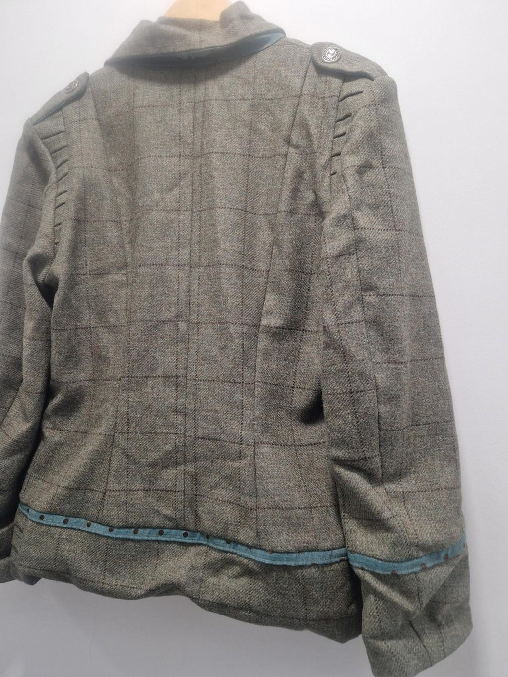 Hannah Wright Ladies Beautiful Check Tweed  Blue Trim Jacket Uk 12 Made In Wales